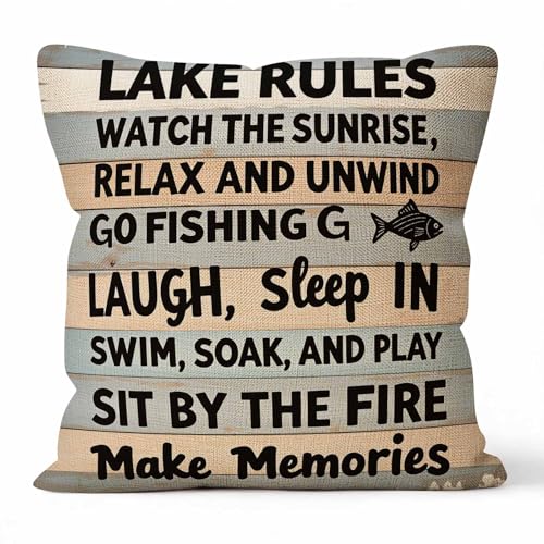 SSOIU Retro Wood Grain Throw Pillow Cover 18x18 Inches - Lake Rules Design