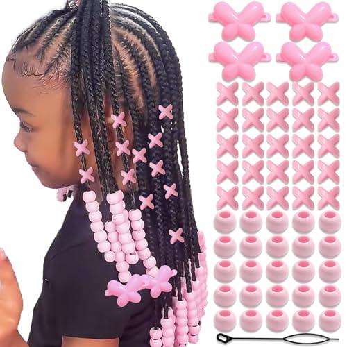 NAISKA 60Pcs Pink Hair Beads and Butterfly Clips for Kids Braids