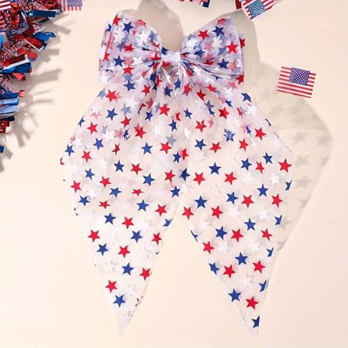 Patriotic 4th of July Hair Bow Clip - Red White Blue Star Tulle Barrette