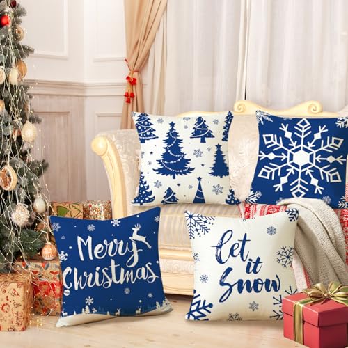 Set of 4 Christmas Snowflake Throw Pillow Covers, 18x18 Inch