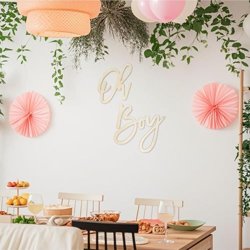 JTRF Oh Boy Wooden Sign for Baby Shower & First Birthday Decor - Natural Wood, Laser-Cut, DIY Paintable Wall Sign