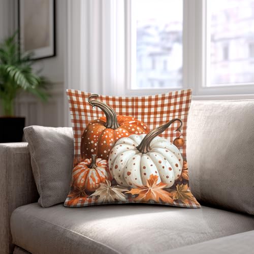 HOMETITUTE Fall Pumpkin Plaid Throw Pillow Covers 18x18 Inch - Set of 2, Autumn Thanksgiving Decor, Variation #04