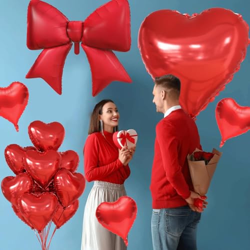 KYGNE 10Pcs Red Heart & Bow Foil Balloon Set for Parties