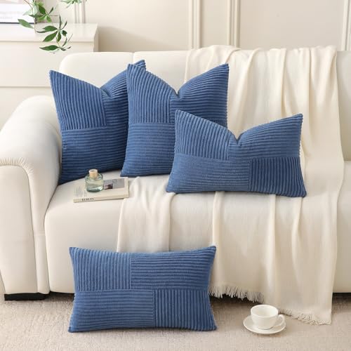 Yosodeko 14x24 Inch Blue Corduroy Lumbar Pillow Cover - Farmhouse Boho Decor