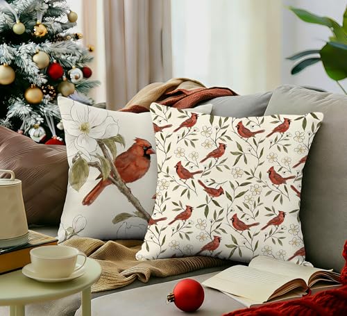 Vintage Cardinal Bird Floral Throw Pillow Cover 18x18 - Bird-2