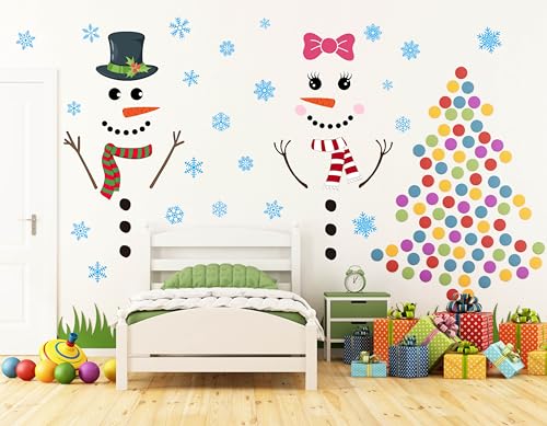 Christmas Snowman Door Stickers Set with Snowflakes - Holiday Wall Decals for Windows, Doors, Fridge