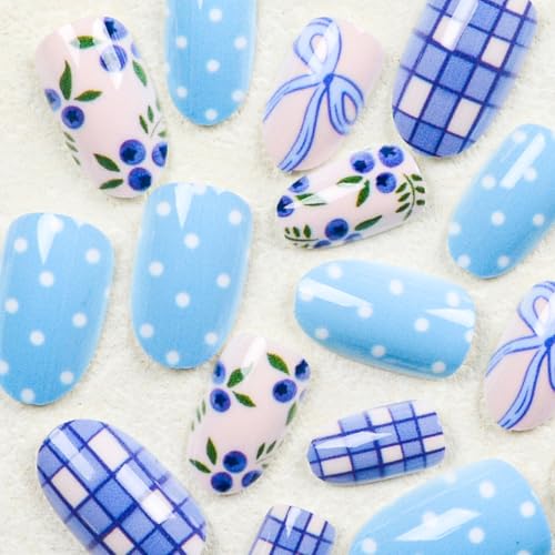 Blueberry Checkered Bow Short Oval Press on Nails - 24Pcs Glossy Fake Nails
