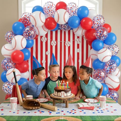 12 Inch Baseball Print Balloons - Red, Blue & White Party Decor