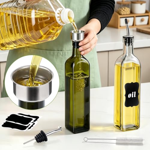 Leaflai 500ml Glass Olive Oil Dispenser Set - Transparent & Green, 2 Pack