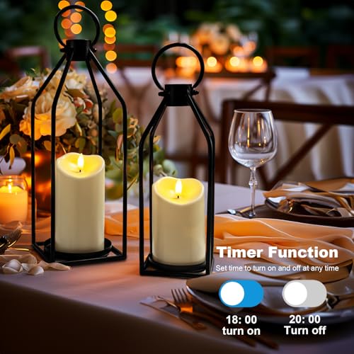 Black Metal Lanterns with Flameless Candles - 2PCS Farmhouse Decor