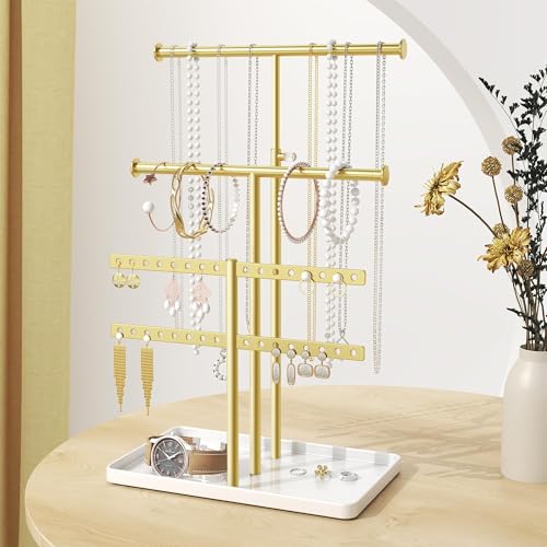 Adjustable Metal Jewelry Holder Organizer Stand for Necklaces & Bracelets (Gold)
