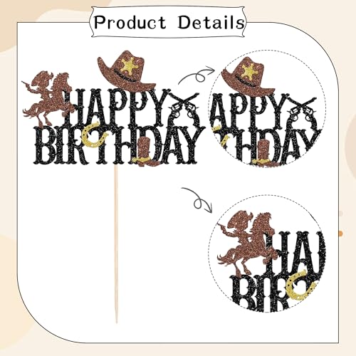 Western Cowboy Happy Birthday Cake Topper - Glitter Design