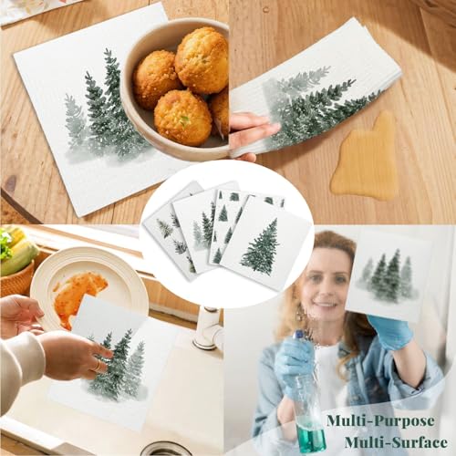 Christmas Pine Tree Swedish Dishcloths for Kitchen - Reusable & Washable 4 Pack - Christmas Tree Variation