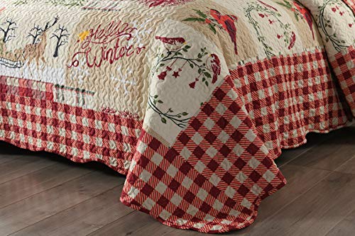 King Christmas Reindeer Plaid Quilt Set - Red Patchwork Bedding
