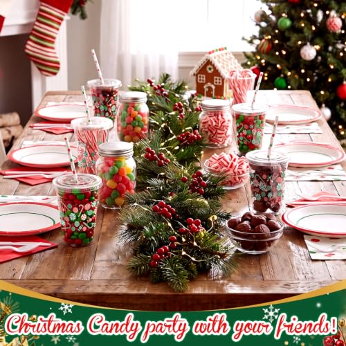 Christmas Candy Cane Disposable Plastic Cups Set with Lids & Straws - Red Green Variation