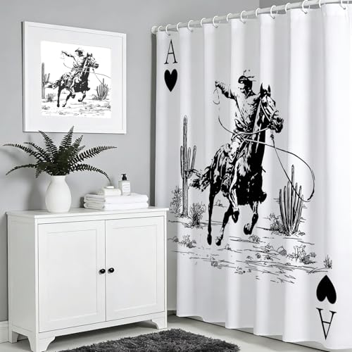 Mocsicka Black and White Western Cowboy Shower Curtain - 72x72 Waterproof Polyester Curtain for Farmhouse Decor