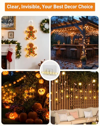 Heavy Duty Outdoor String Light Hooks 100-Pack - Transparent Self-Adhesive Clips