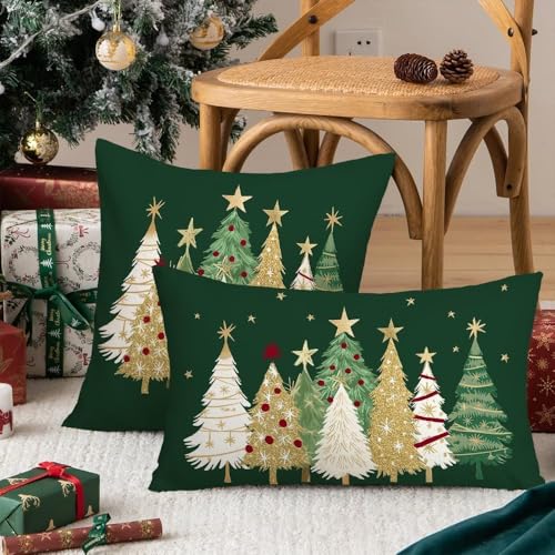 Christmas Pillow Cover 12x20 Inch - Watercolor Tree & Stars Decor