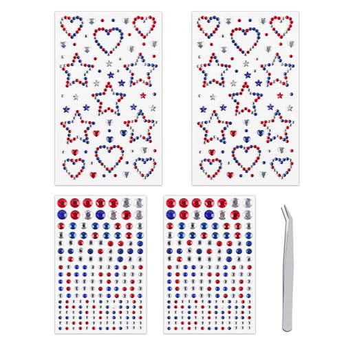 Doneace 4th of July Star Face Gems - Patriotic Self-Adhesive Rhinestones for Face, Body, and Hair (4-Pack)