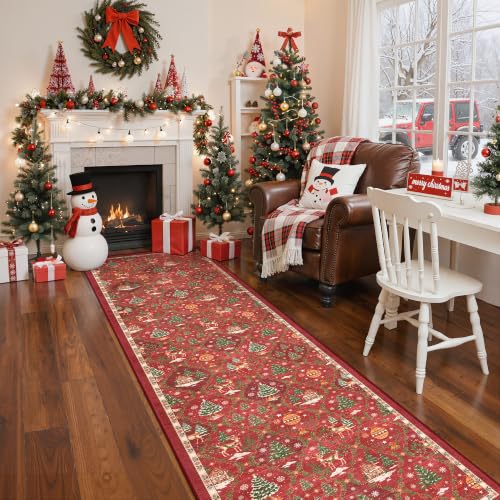 Christmas Hallway Runner Rug 2x8 Washable Non-Slip Red Floor Mat - Variation: Christmas Red / 2' x 8'