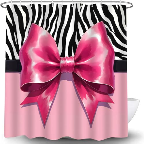 Pink Bow Zebra Print Shower Curtain 70" x 70" - Coquette Bathroom Decor