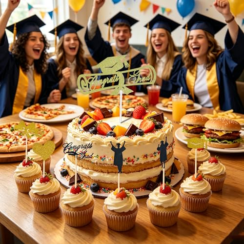 Gold Graduation Cake Toppers Set - 7PCS Congrats Grad Picks 2026