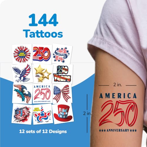 ArtCreativity 250th Anniversary Patriotic Temporary Tattoos for Kids, 144 Pack