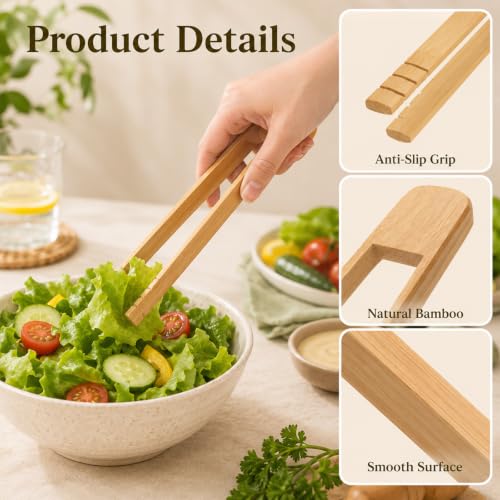 2PCS Bamboo Toaster Tongs - Anti-Slip Wooden Kitchen Utensils