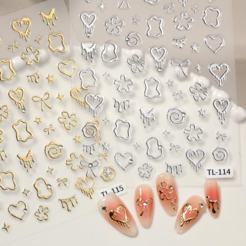 SIMAYKUWA Gold Silver Nail Art Stickers - 2-Sheet Metallic Heart Bow Decals