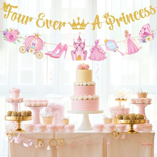 Four Ever a Princess 4th Birthday Banner - Gold & Pink Party Decor
