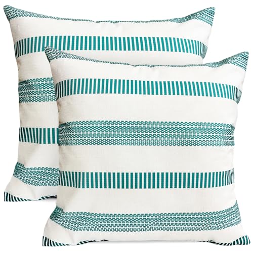 Teal Blue Boho Striped Throw Pillow Covers 16x16 Set of 2 Linen