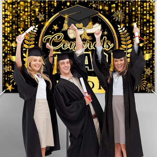Congrats Grad Banner - Class of 2026 Black & Gold Backdrop