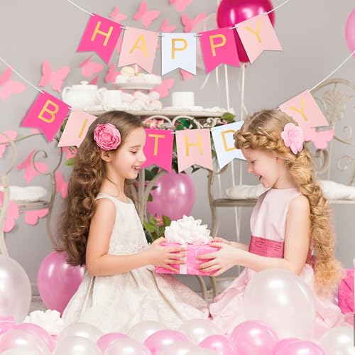Pink Happy Birthday Banner with Gold Letters for Parties