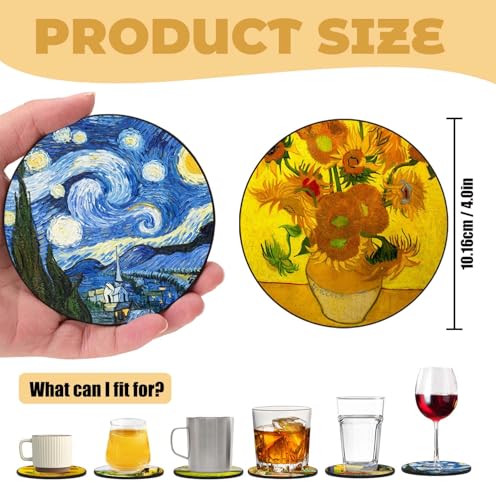Van Gogh Style PU Leather Coaster Set of 6 with Holder - Handmade Art Drink Coasters for Home Decor & Gifts