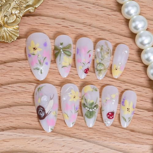 Press On Nails Medium Almond Floral False Nails with 3D Pearls