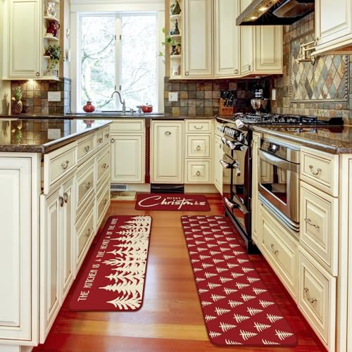 Christmas Tree Kitchen Rugs Set - Pinecone Snowman Snowflake Non Slip Mat, 3 Sizes
