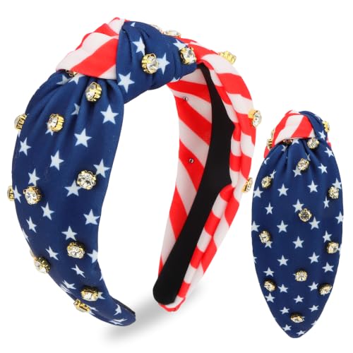 WHAVEL 4th of July Rhinestone Patriotic Knotted Headband 2-Pack