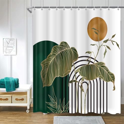 Mid Century Dark Green Shower Curtain with Tropical Leaves - 72x72