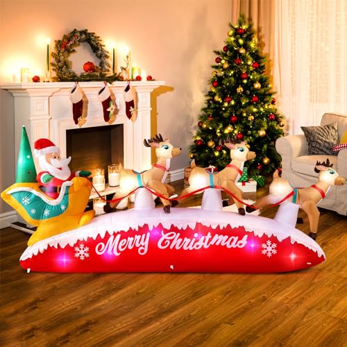 10FT Christmas Inflatable Santa Reindeer Sleigh Outdoor Decor with Rotating LED Lights - Brown