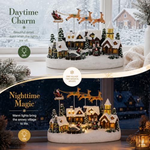 Animated Christmas Village Scene with Flying Deer - Santa Sleigh Display