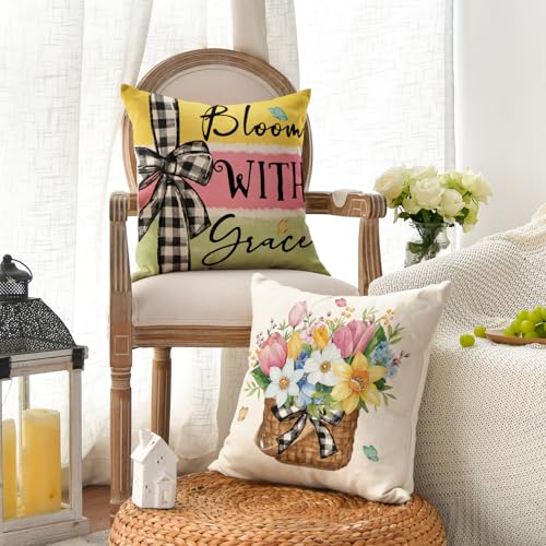 Spring Flowers Tulip Basket Throw Pillow Covers - Set of 4, 18x18