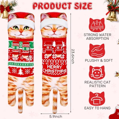 Christmas Cat Hand Towels Set - Orange Cat Hanging Kitchen Towels, 2 Pack