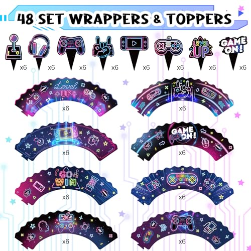 96 Pcs Neon Video Game Cupcake Toppers and Wrappers Party Set