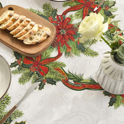 Christmas Tablecloth 90x90 Inch Round Poinsettia Gold Ribbon Red Variation