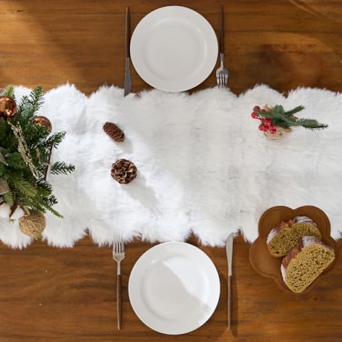 White Bubble Faux Fur Table Runner 13x36 Inch Scalloped Holiday Decor