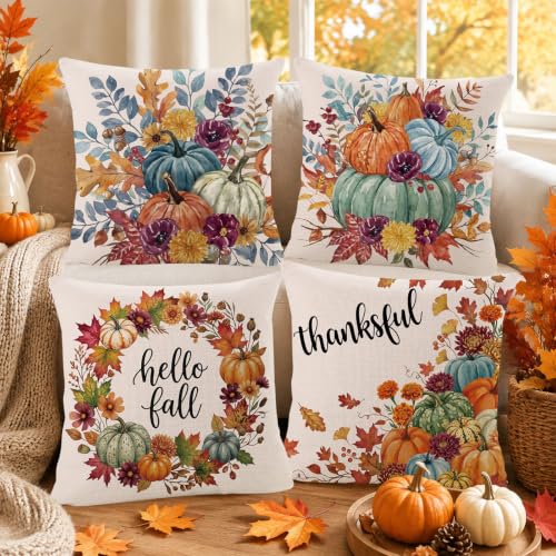 DTDO Pumpkin Floral Fall Throw Pillow Covers 18x18 Set of 4 for Bedroom & Home Decor