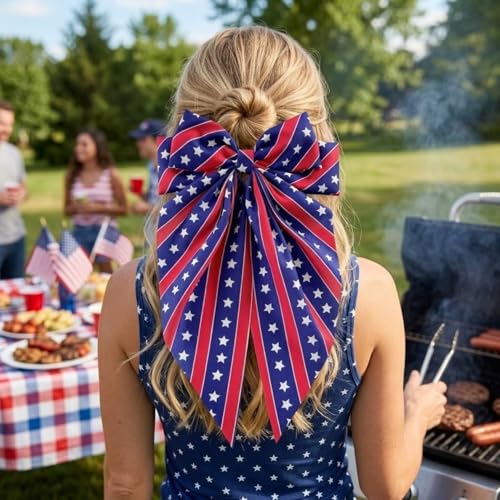 Patriotic Large Red White and Blue Hair Bow Clip with Long Tails