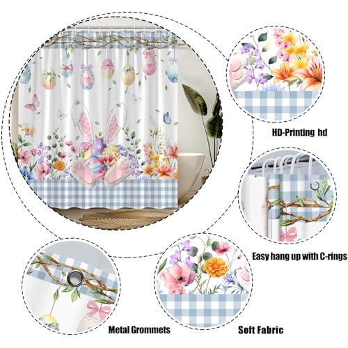 AEMBEE Easter Shower Curtain - Cute Bunny & Floral Blue Plaid, 70"x70"