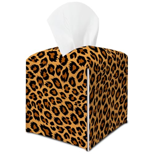 Leopard Print Tissue Box Cover Leather Square Dispenser for Home & Office - LTazhyi