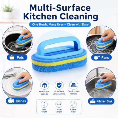 Dual-Layer Sponge Scrubbing Brush with Handle - 2 Pack